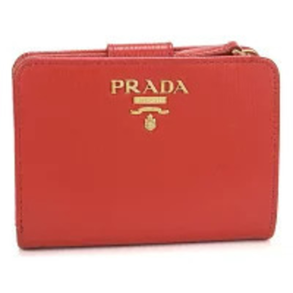 Prada Bi fold Wallet Compact Vitello Leather Red